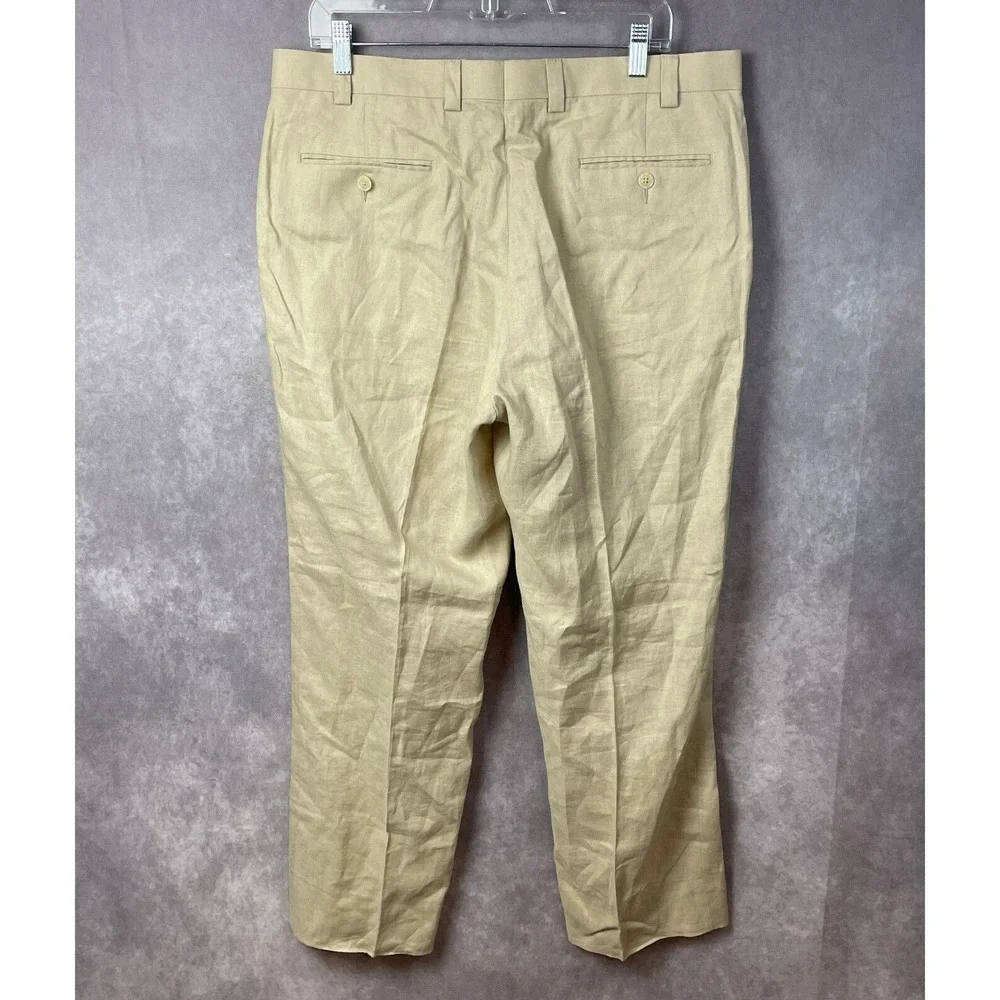 Calvin Klein‎ Pants Mens Size 36 100% Linen Beige Tan Flat Front Chino Trousers